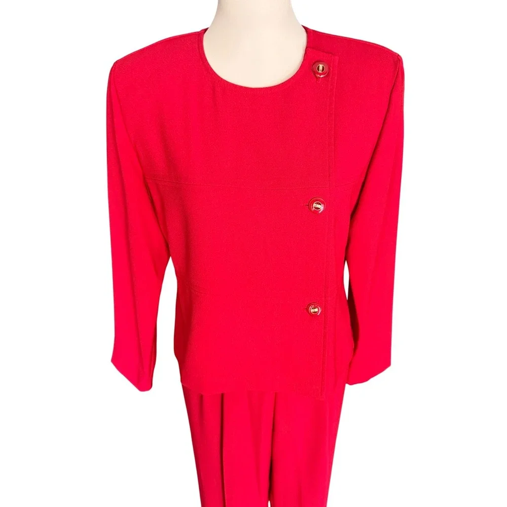 Vintage Red 2 Piece Pant Suit‎ Asymmetrical Button Blazer Pleated Trousers 1980s